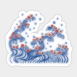 Blue Waves and Pink Cherry Flowers in Japanese Art Style Sticker